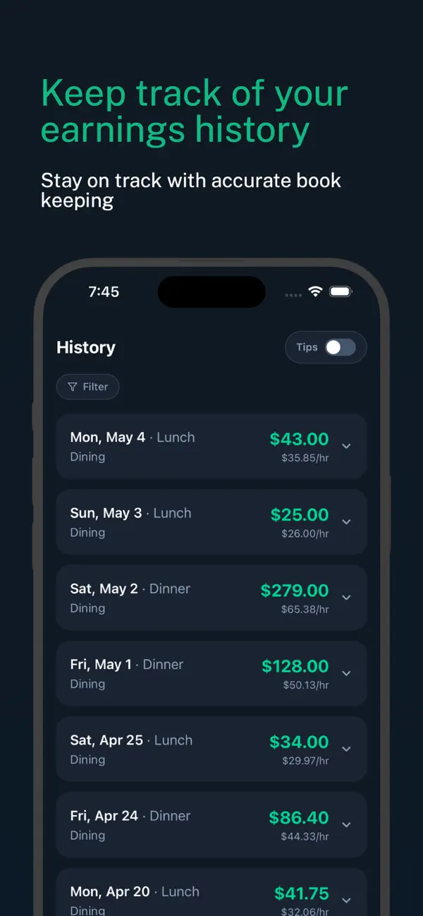 TipMap App Store screenshot — full earnings overview.